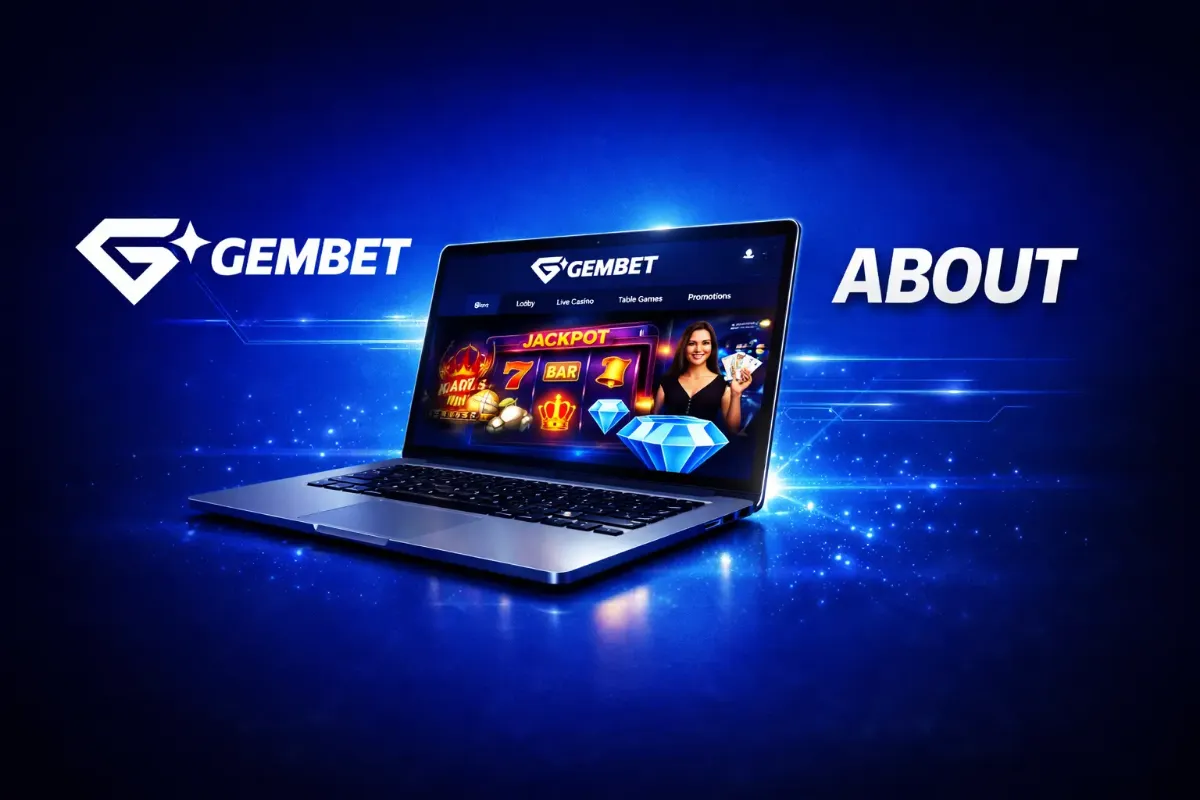 About banner with a laptop showing the GemBet site