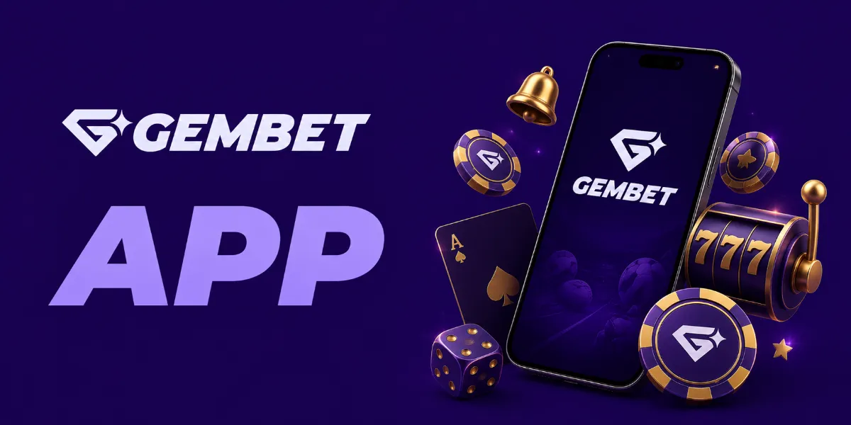 Gembet App banner with a phone showing the GemBet logo, slot reels and casino chips