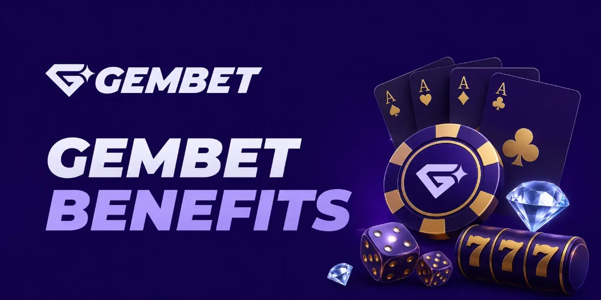 Gembet Benefits banner with a casino chip, playing cards, dice and slot reels