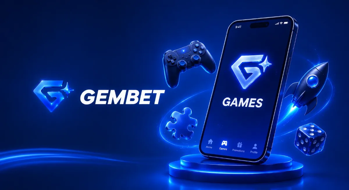 GemBet logo beside a phone showing the GemBet games screen
